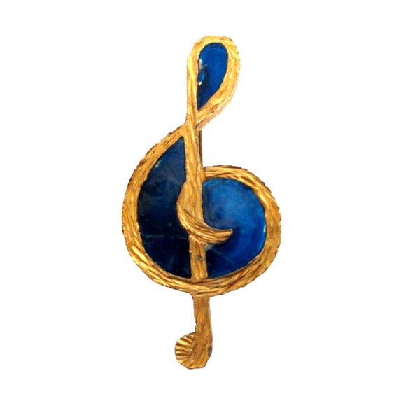 Treble Clef Musical Note Brooch Pin - Gold Tone & Blue - Musician Jewelry Gift - Picture 1 of 6